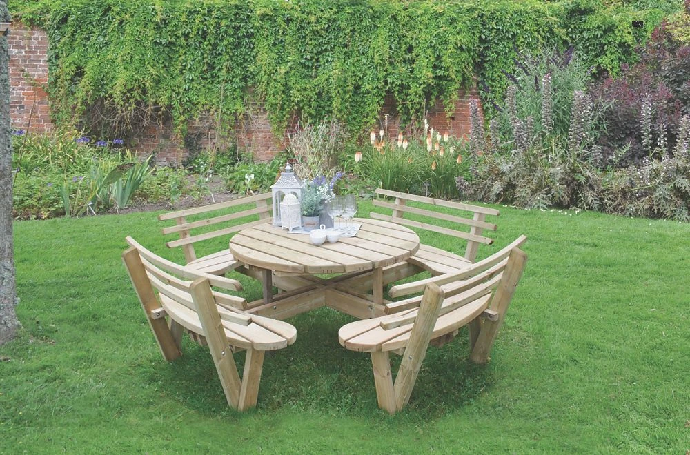 Forest Circular Garden Picnic Table With Seat Backs 2460 X 2460 X 820mm 3 Forest Circular Garden Picnic Table With Seat Backs 2460 X 2460 X 820mm